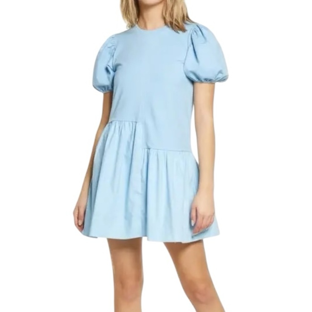 English Factory Powder Blue Puff Sleeve Knit & Poplin Drop Waist Mini Dress - M